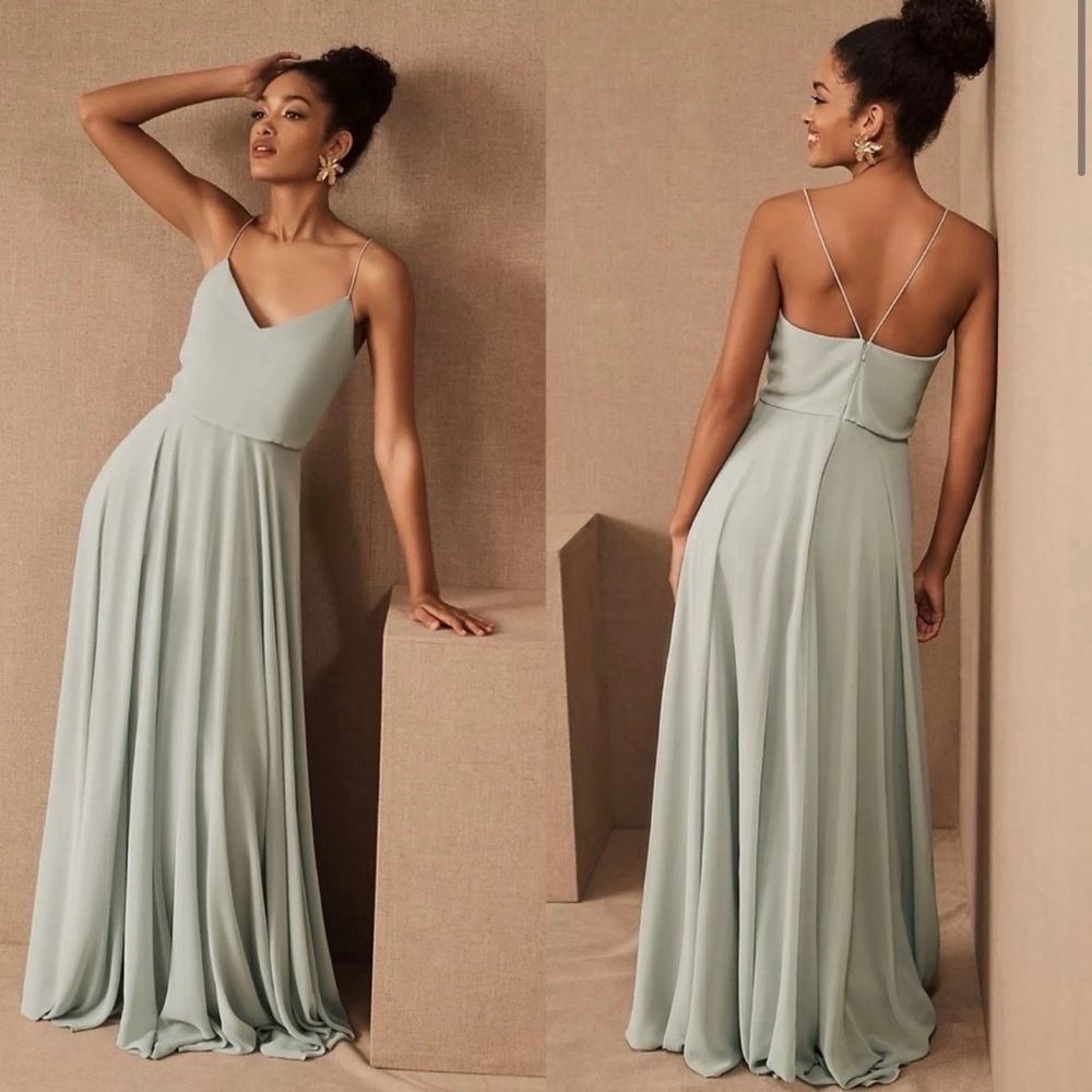 Jenny Yoo Light (Morning Mist) Maxi Dress with Spaghetti Straps